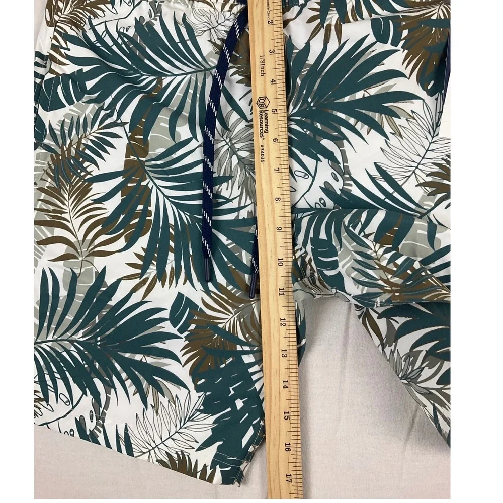 Lands End Mens Green Tropical Palm Leaf Swim Trunks UPF 50 Hydro Liner Small NEW